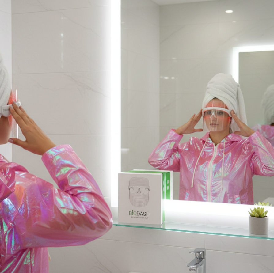 At-home LED skincare treatment using BIODASH light therapy mask