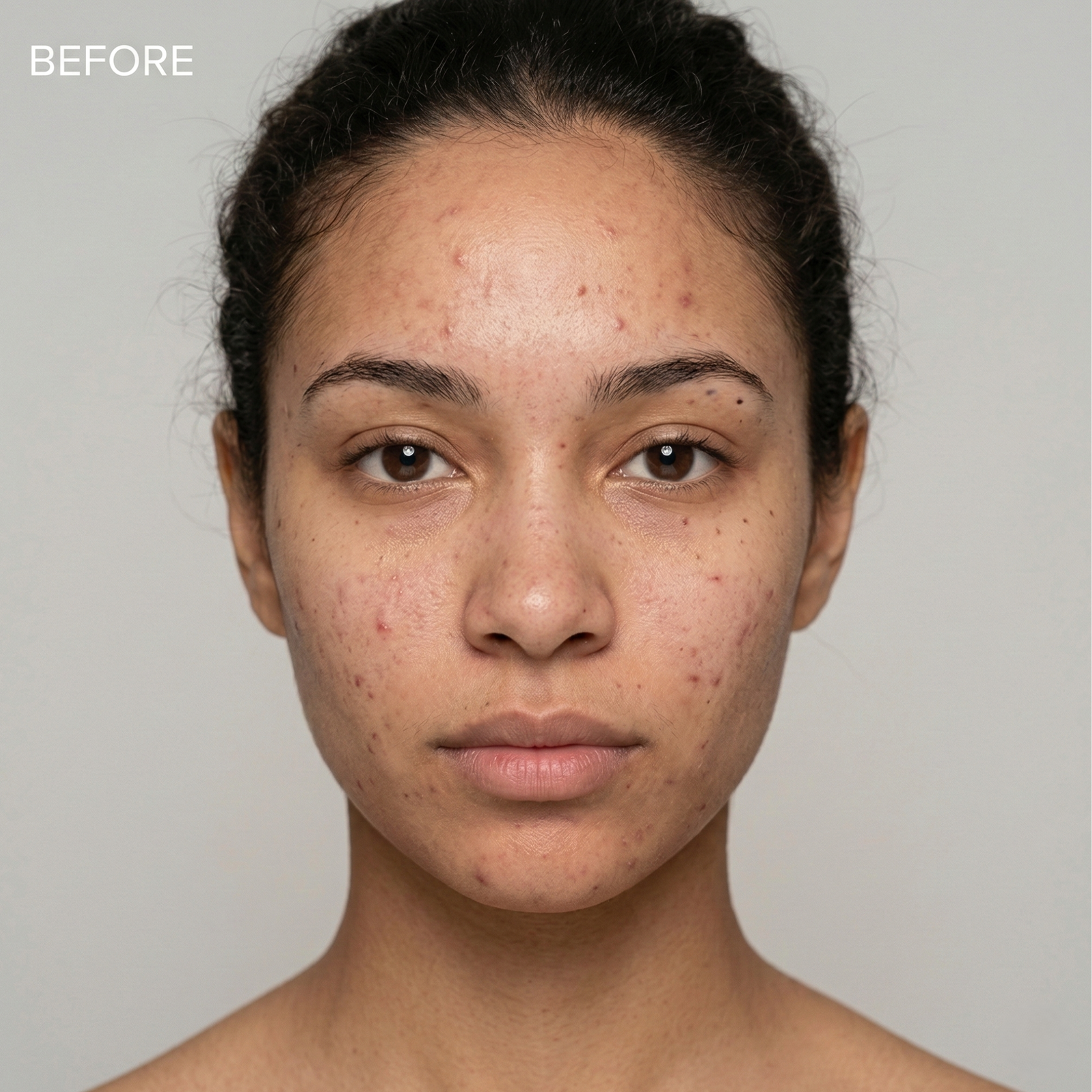 Before treatment skin showing acne and uneven texture prior to BIODASH LED light therapy